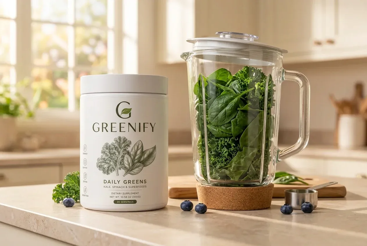 Greenify Daily Greens tub on a kitchen counter next to a blender jug filled with spinach and kale in morning light
